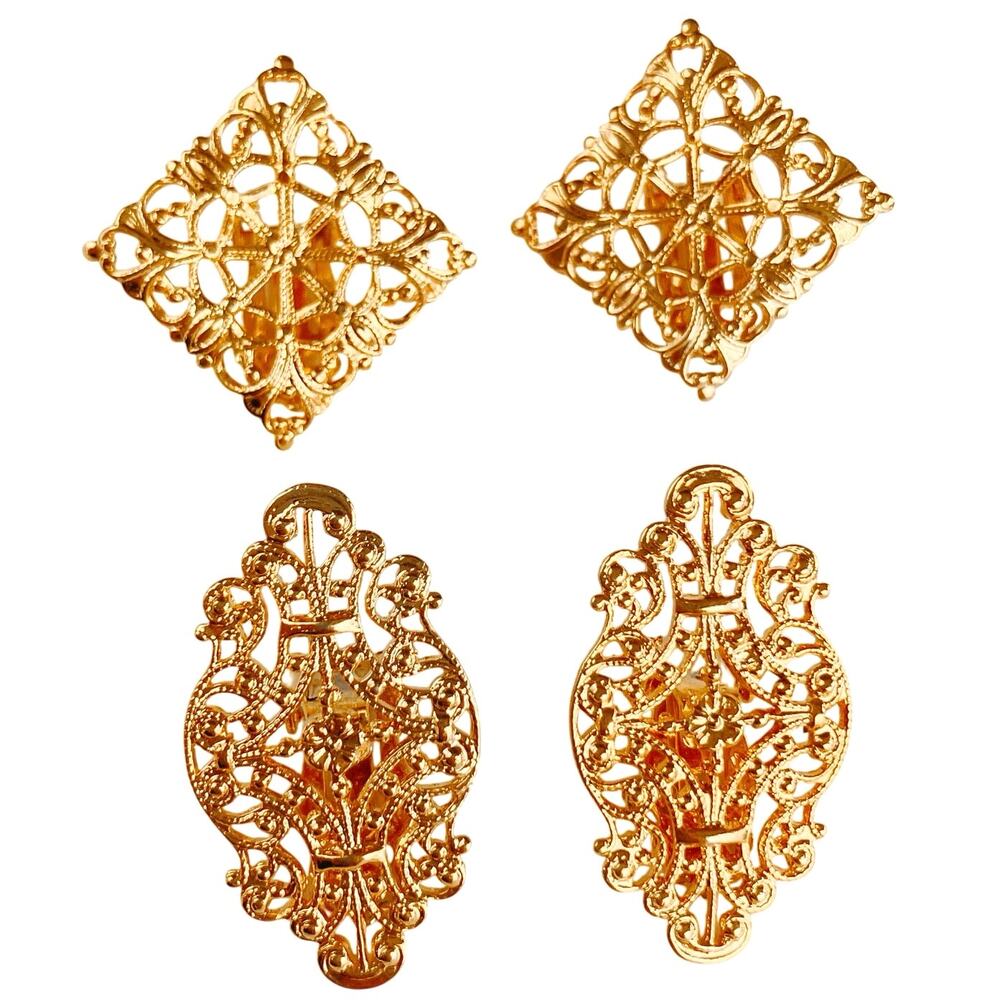 VTG Lot of 2 Clip On Earrings Gold Tone Filigree Ornate Costume Jewelry